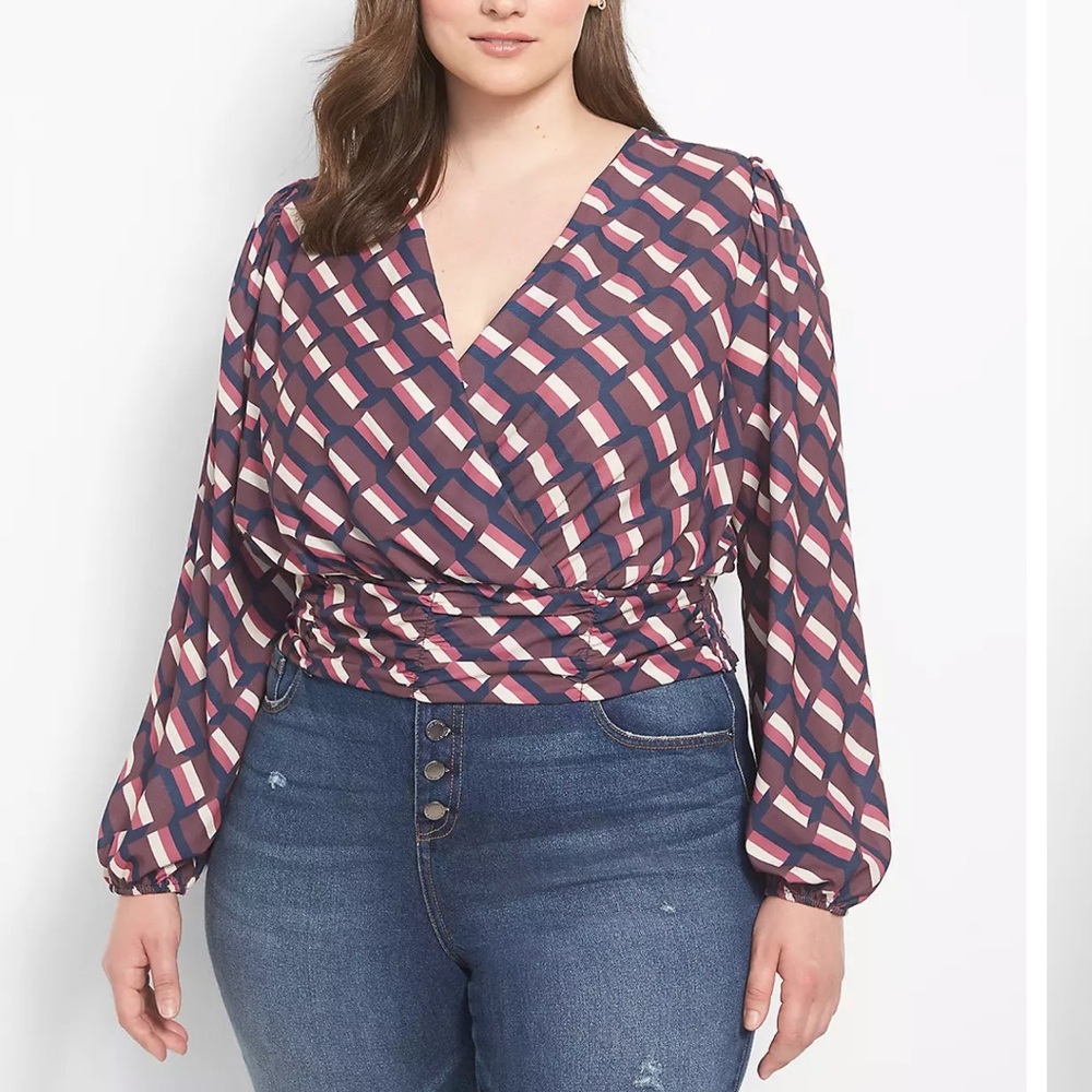 NEW Lane Bryant Classic Long-Sleeve Surplice-Neck Shirred-Waist Crop Blouse